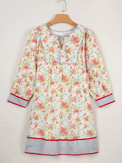 Striped Edge 3/4 Puff Sleeve Floral Dress