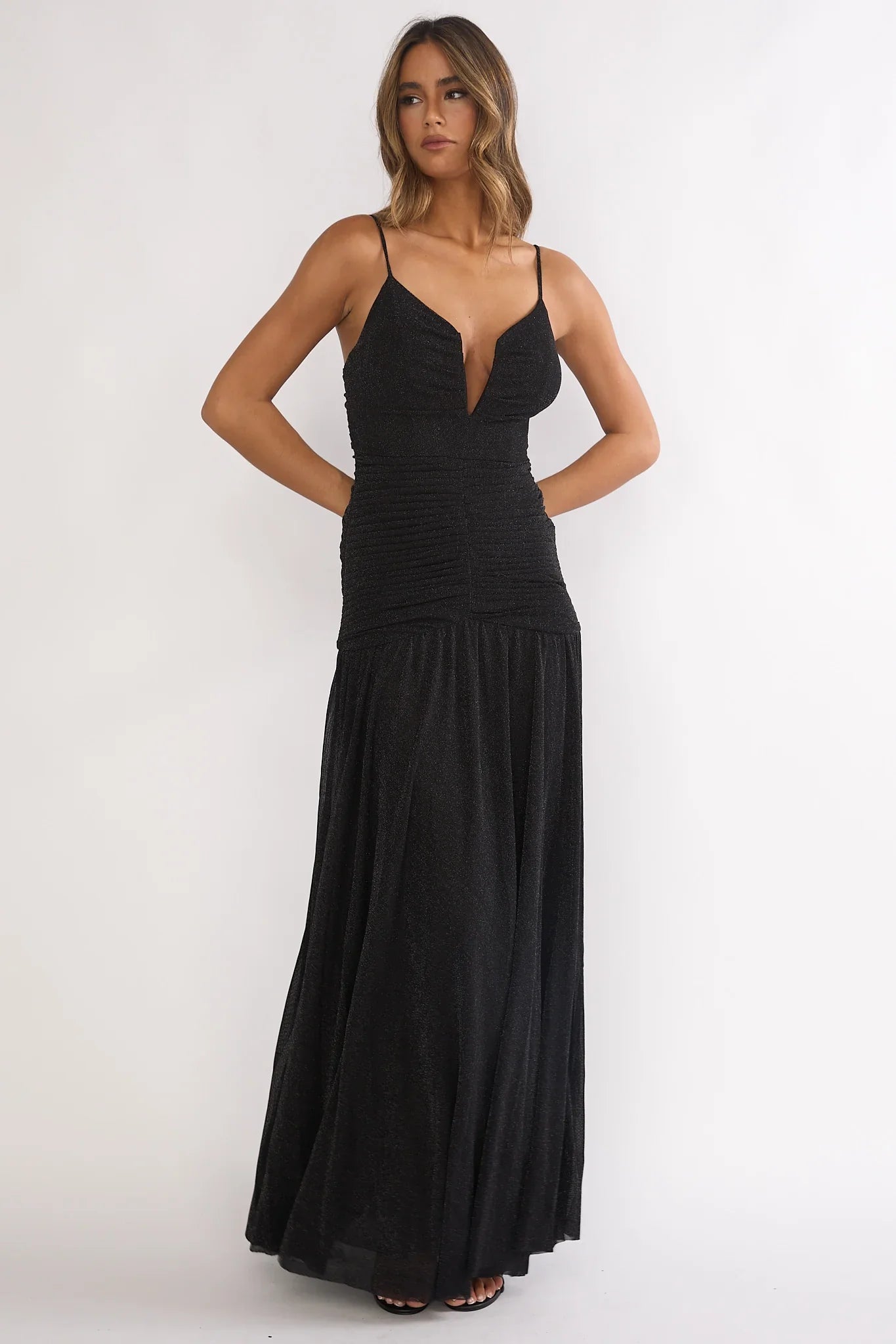 Orizel Pintuck Drop Waist Maxi Dress Sparkle Black