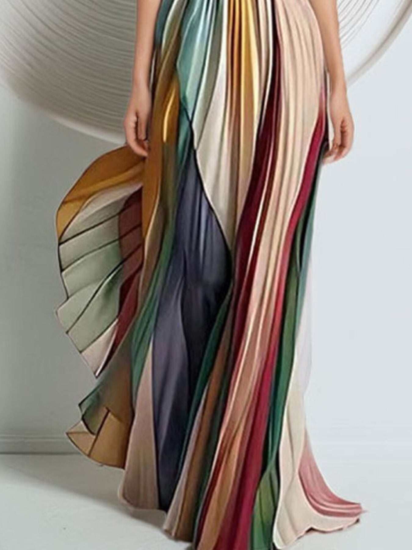 Striped Pleated Strapless Maxi Dress