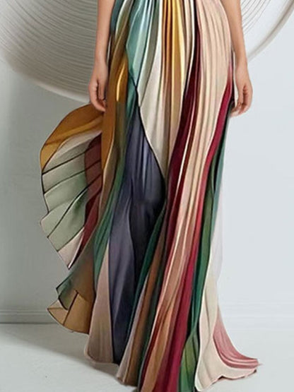 Striped Pleated Strapless Maxi Dress