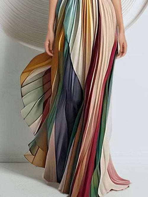 Striped Pleated Strapless Maxi Dress