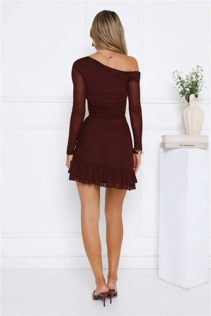 Serve The Look Mesh Long Sleeve Mini Dress Chocolate