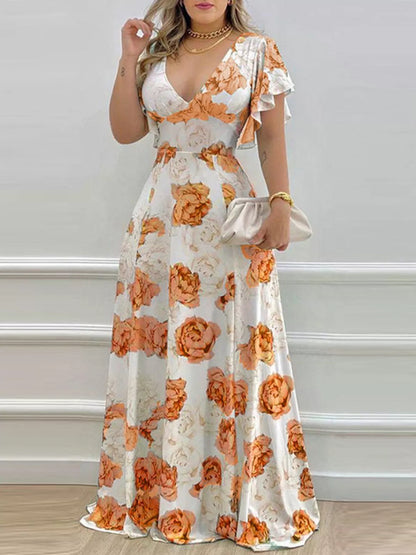 Floral Print V-Neck Ruffle Sleeve Maxi Dress