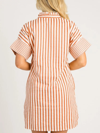 Stripe Pinched V Neck Turn-up Cuffs Shift Mini Dress