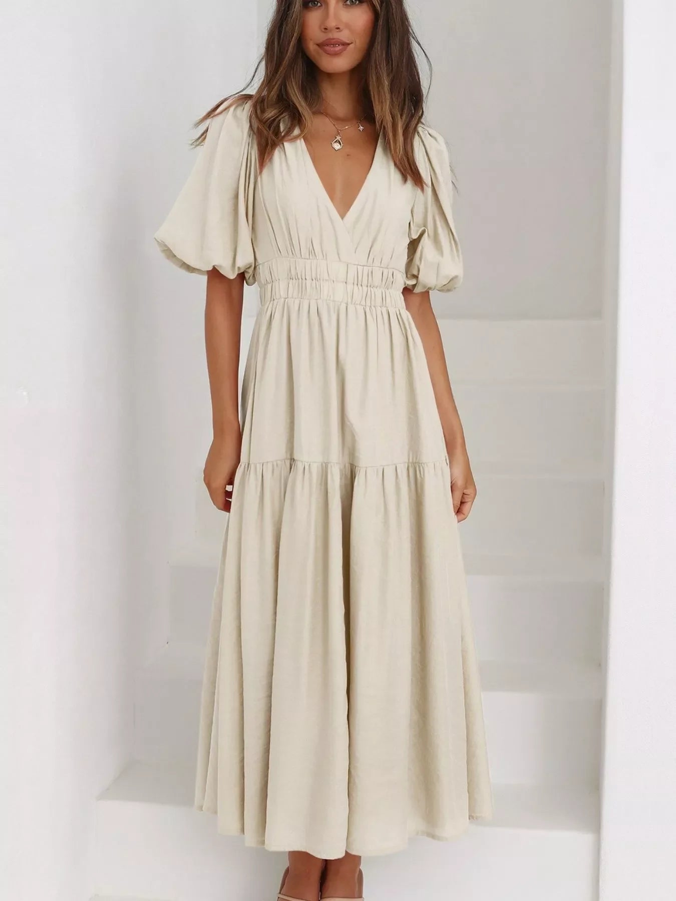 V-Neck Puff Sleeve Midi Dress