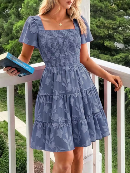 Smocked Square Neck Tiered Mini Dress