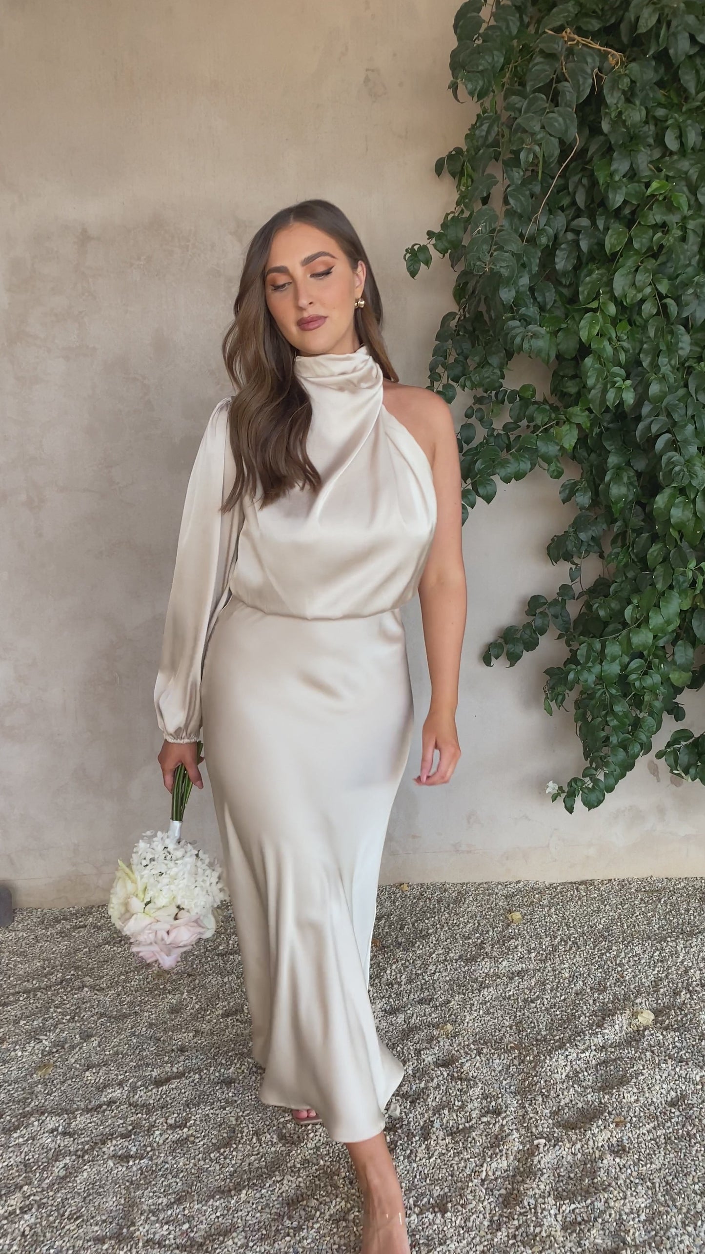 Esther One Shoulder Long Sleeve Dress - Champagne