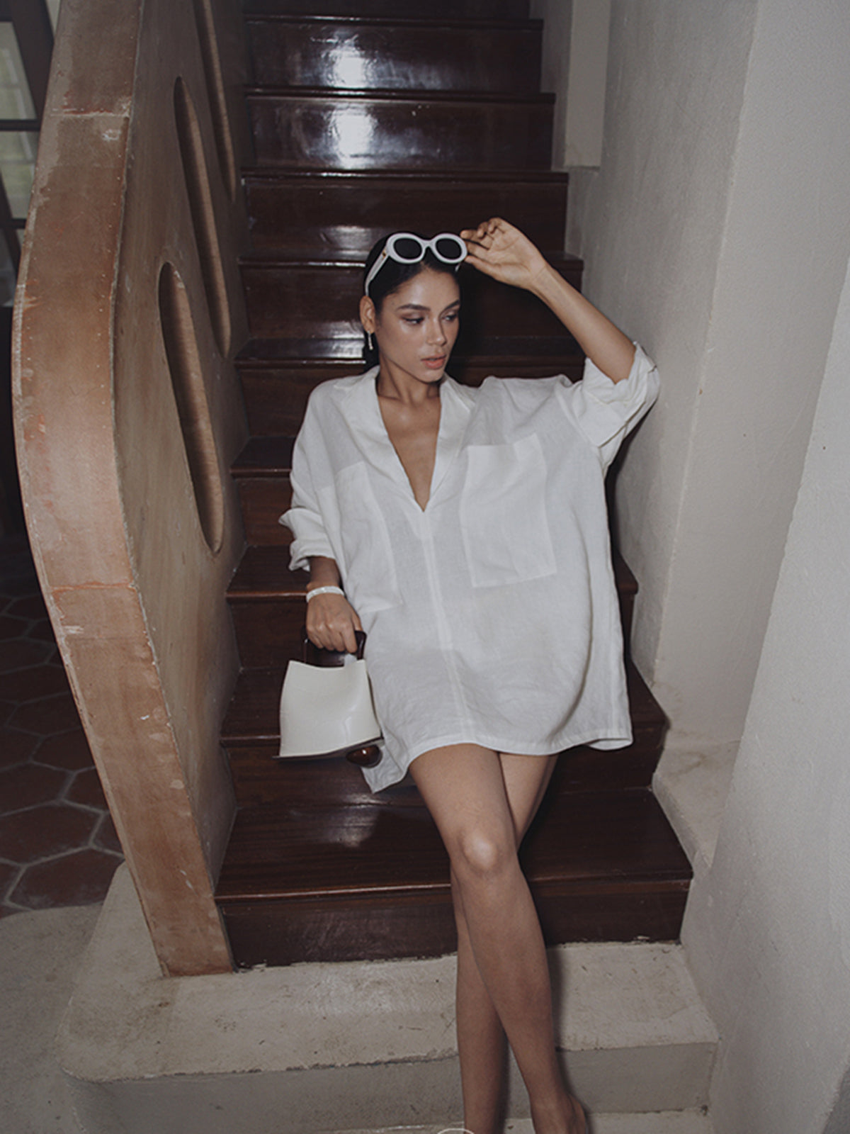Oversized Linen Pockets Semi-Sheer Long Sleeve Dress