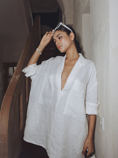 Oversized Linen Pockets Semi-Sheer Long Sleeve Dress
