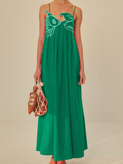 Embroidered Fish Semi-Sheer Cami Dress