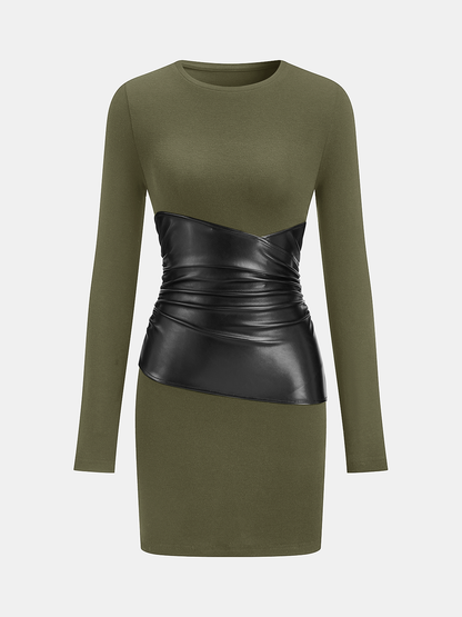 PU Leather Panel Long Sleeve Knit Dress