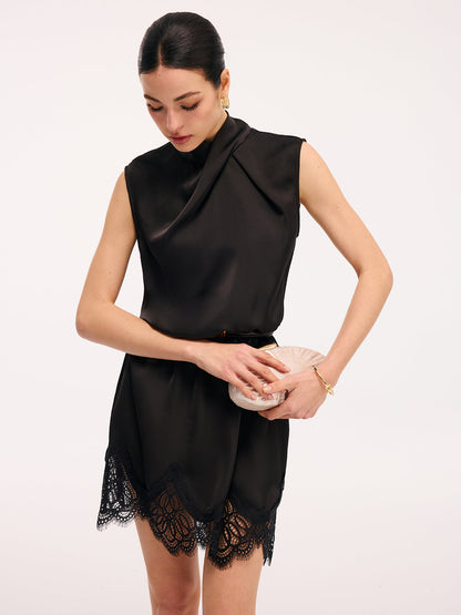 Lace Trim Satin Cross Neck Sleeveless Dress