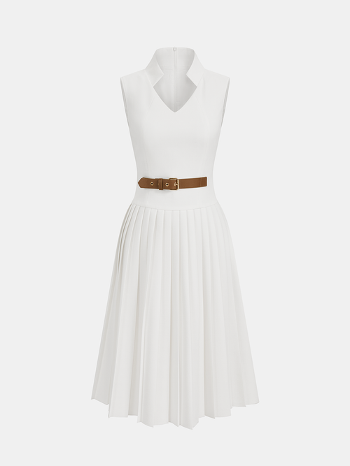 Belted Sleeveless Pleated Collared Dress