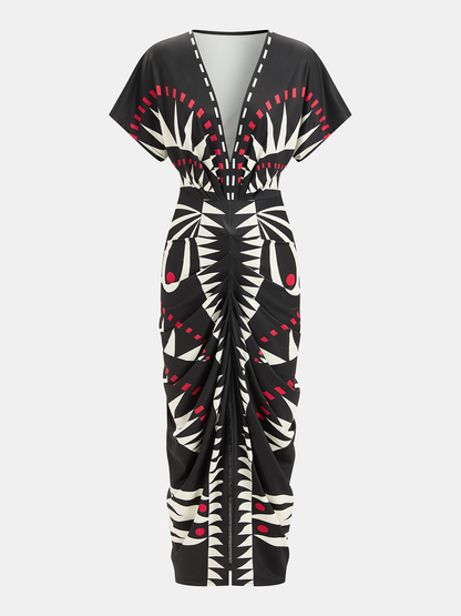 Geometric Print Deep V-Neck Midi Dress