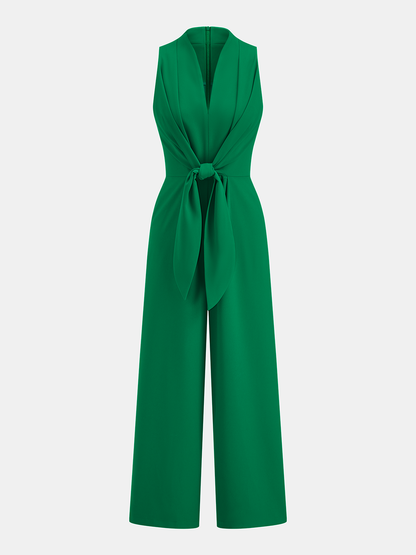 Sleeveless V-Neck Tie Waist Wide-Leg Jumpsuit