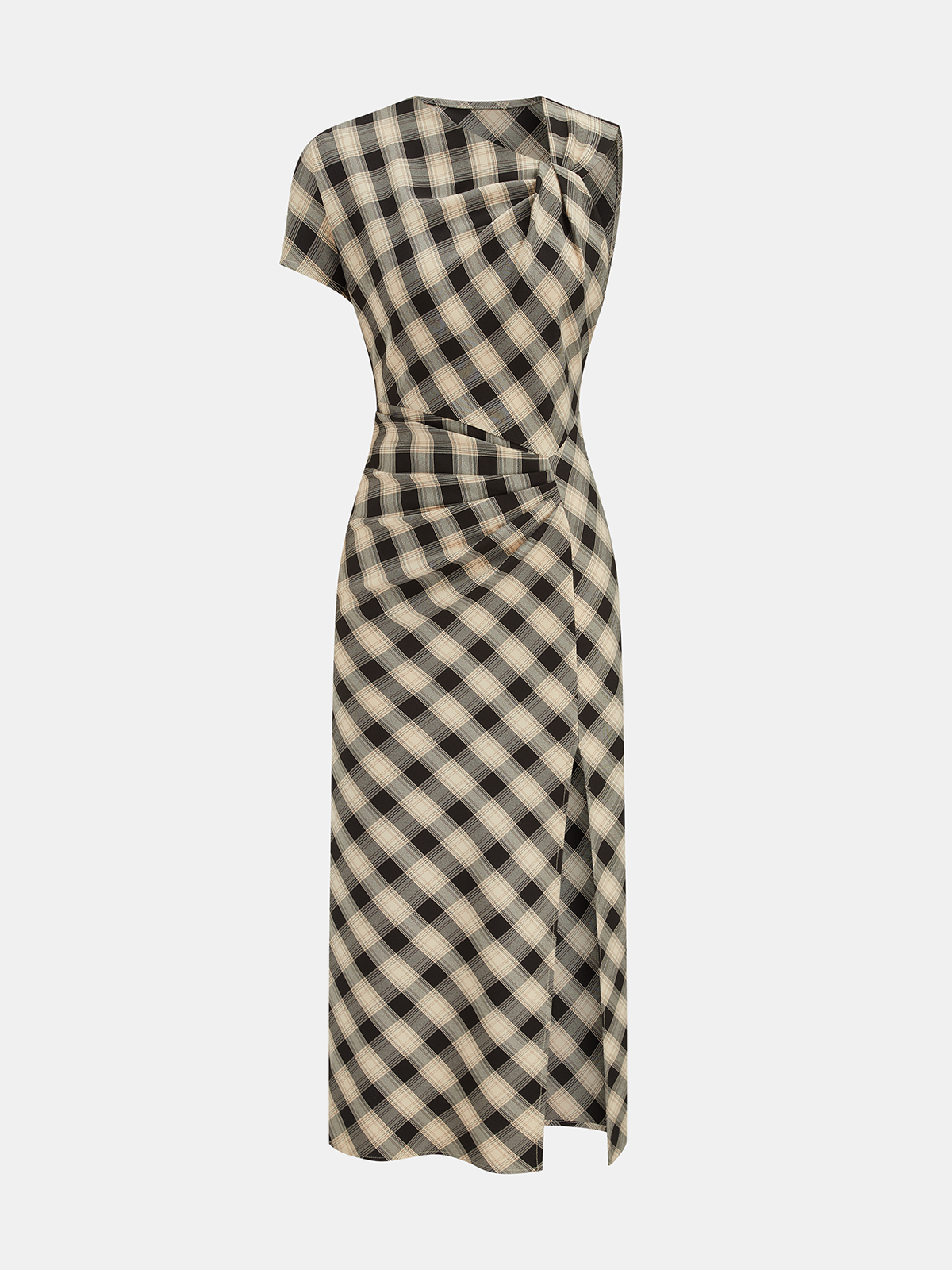 Plaid Asymmetric Slit Maxi Dress