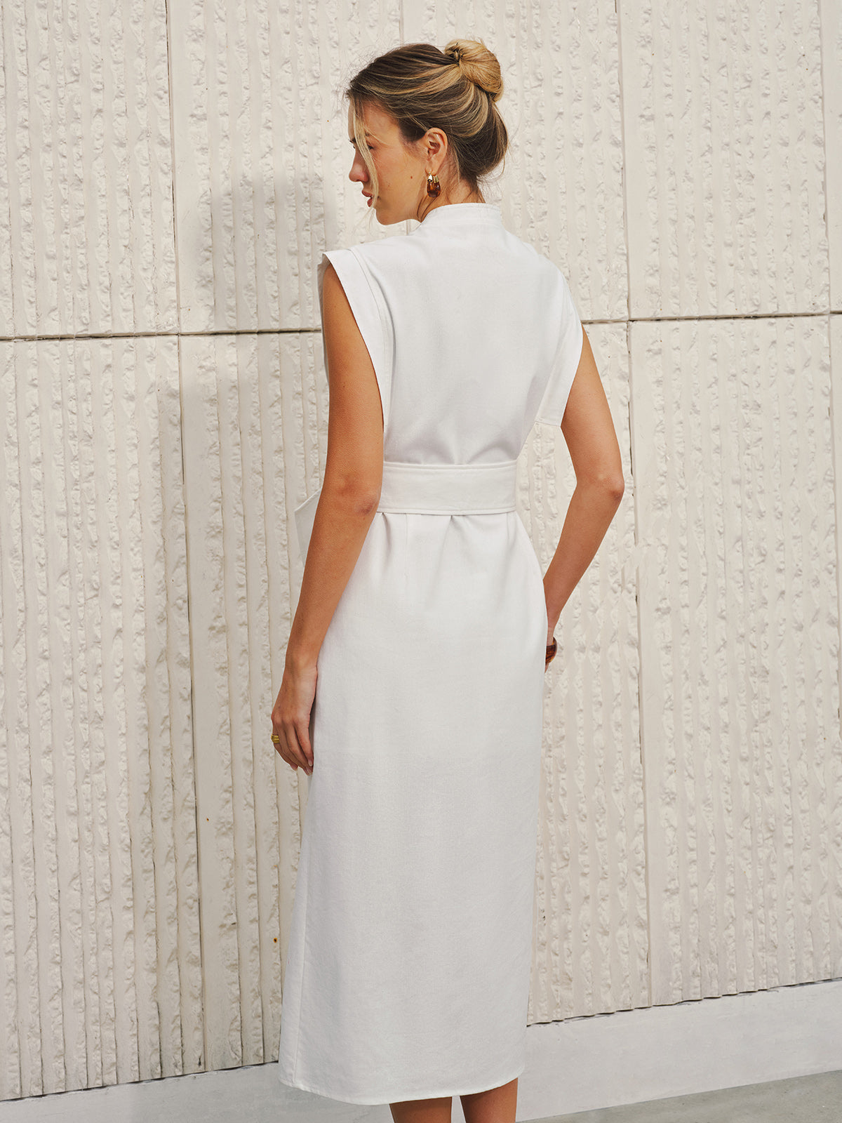 Cotton-Linen Sleeveless V-Neck Bow Split Dress