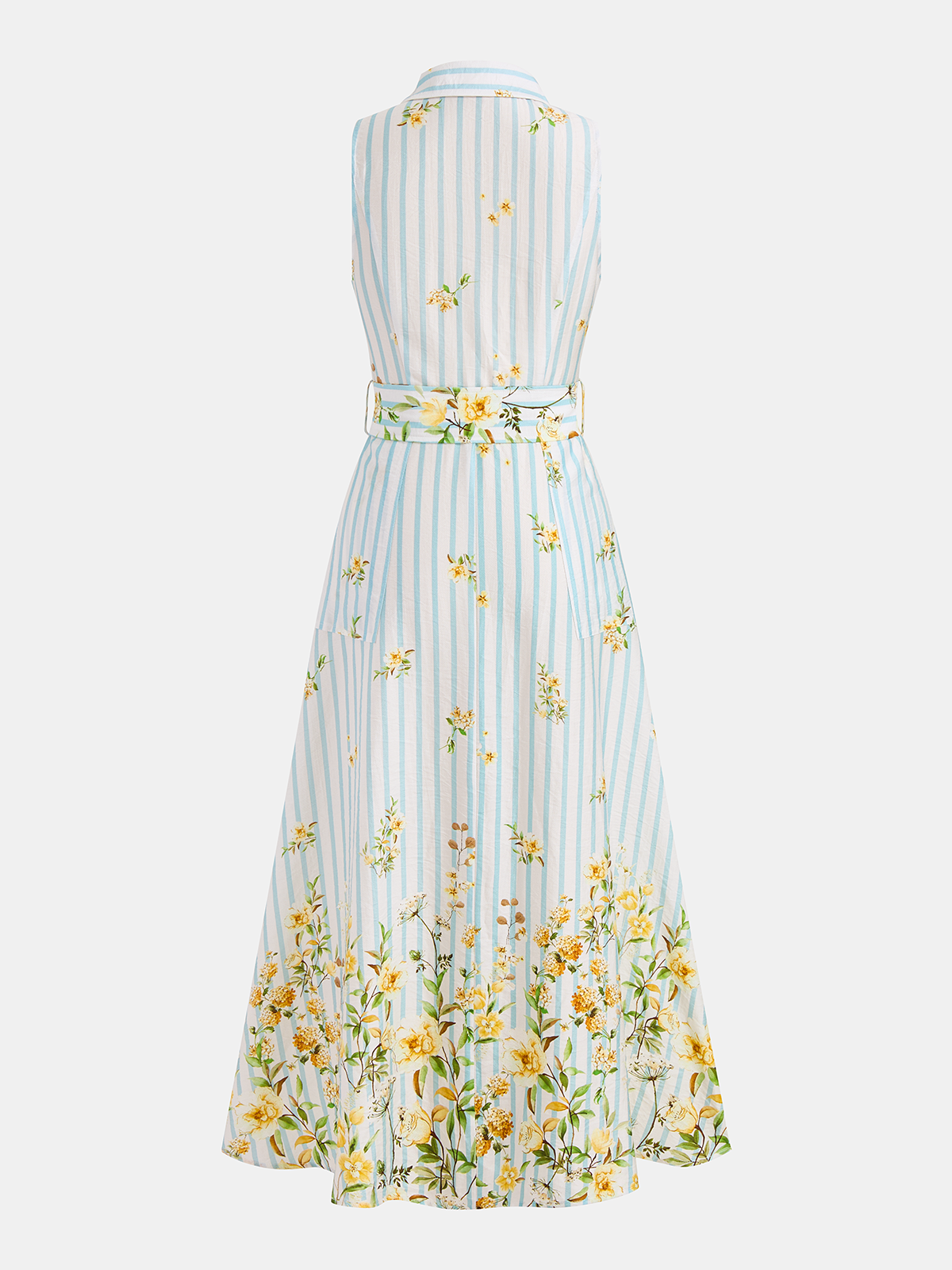 Floral Striped Sleeveless Belted Midi Dress