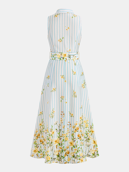 Floral Striped Sleeveless Belted Midi Dress