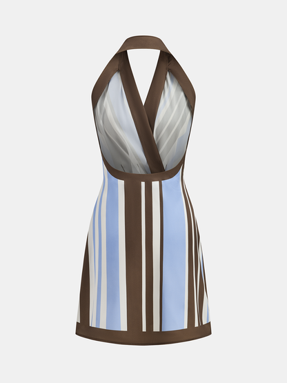 Halter Striped Satin Wrap Mini Dress