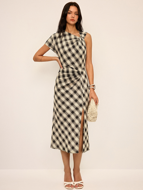 Plaid Asymmetric Slit Maxi Dress