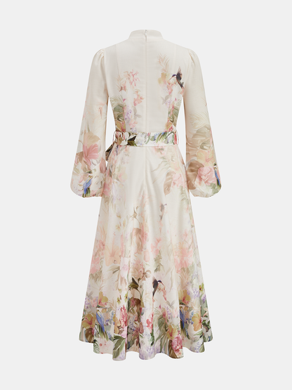 Floral Print Belted Puffed Sleeve Maxi Dress
