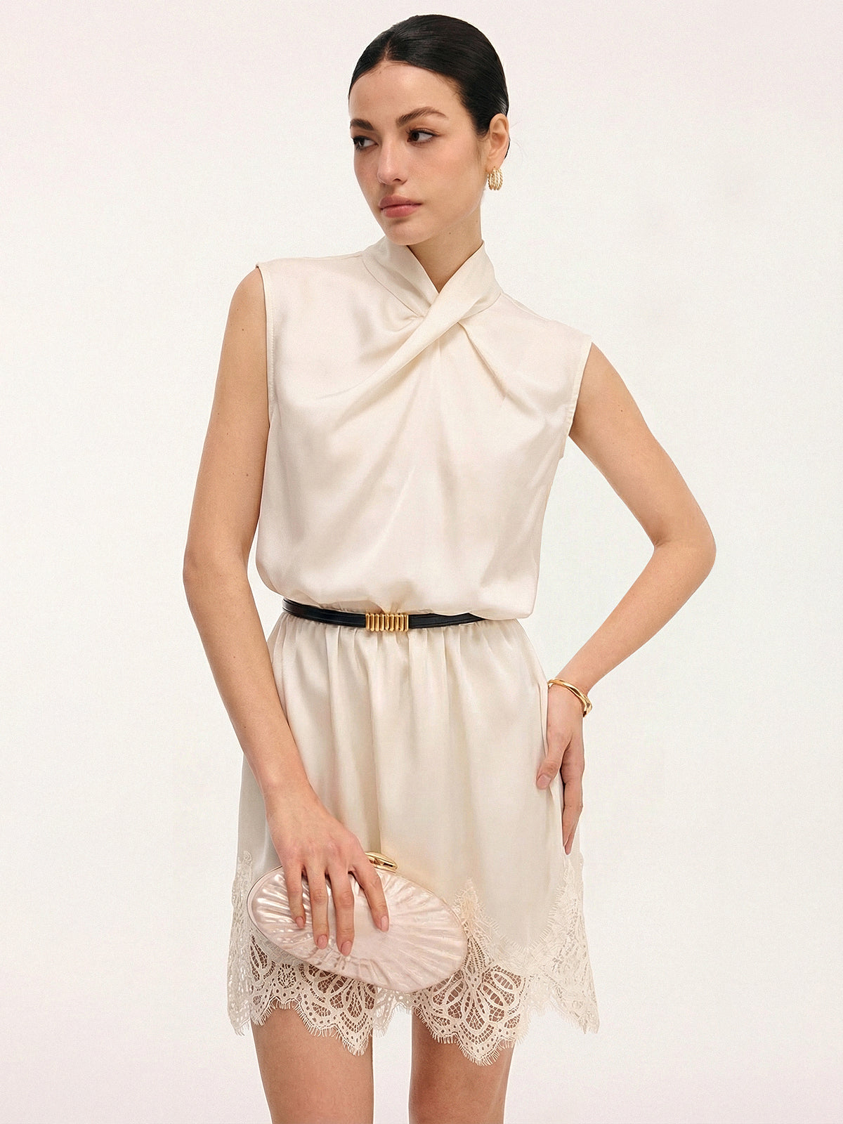 Lace Trim Satin Cross Neck Sleeveless Dress