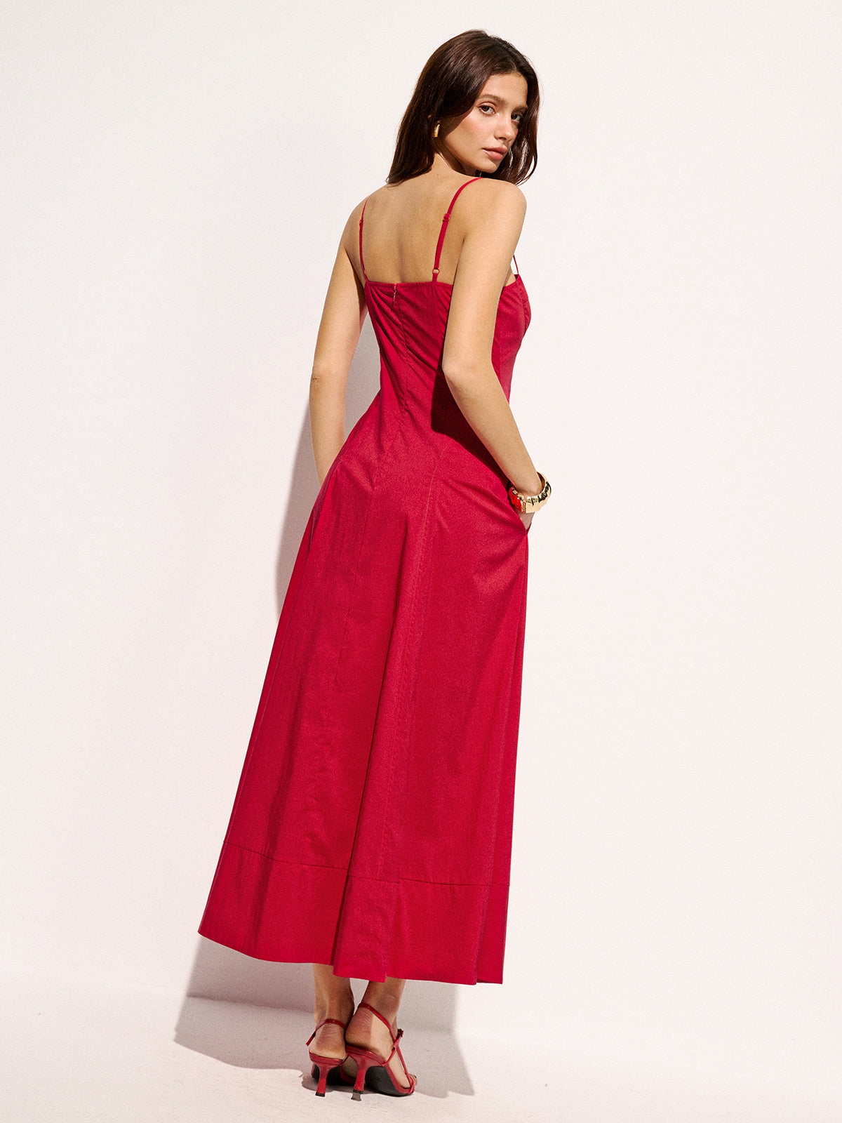 Cotton Blend Pocketed Cami Flared Maxi Dress