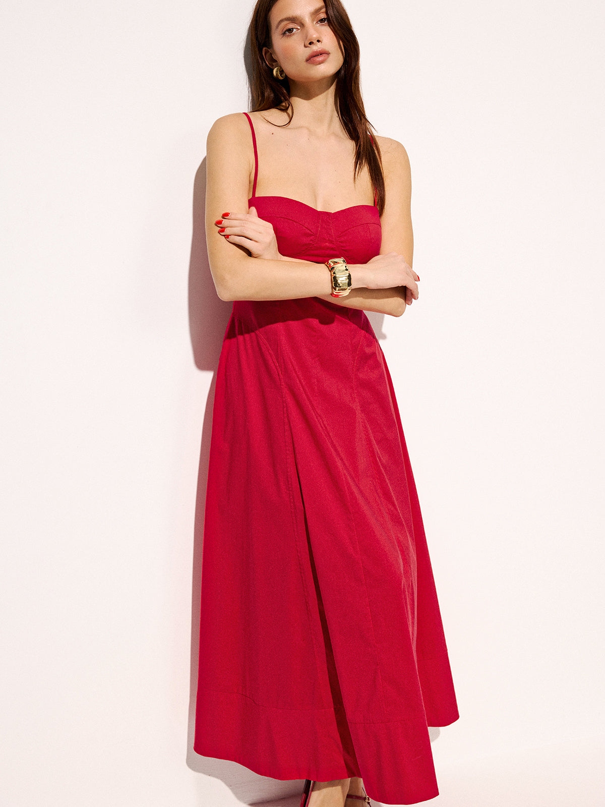Cotton Blend Pocketed Cami Flared Maxi Dress