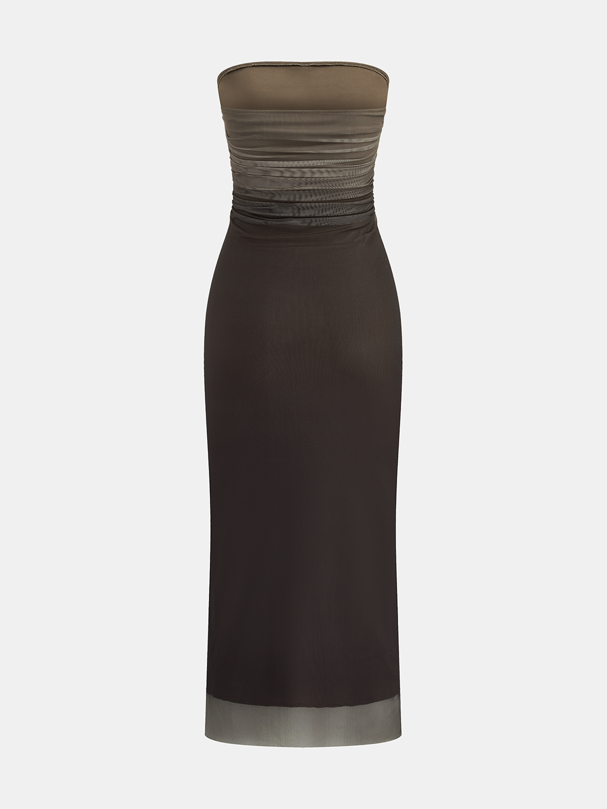 Ombre Mesh Ruched Strapless Midi Dress
