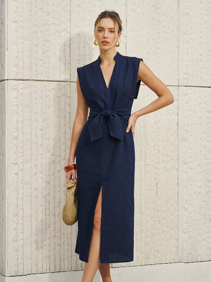 Cotton-Linen Sleeveless V-Neck Bow Split Dress