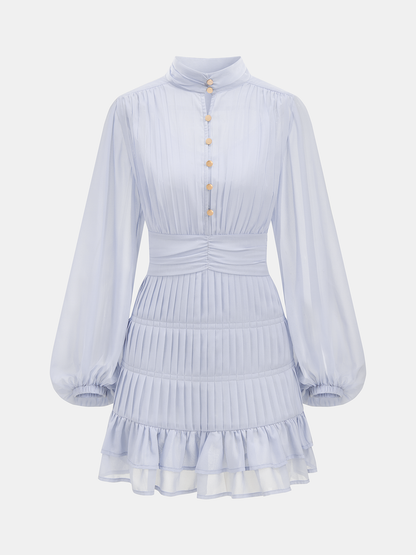 Pleated Button Long Sleeve Ruffled Mini Dress