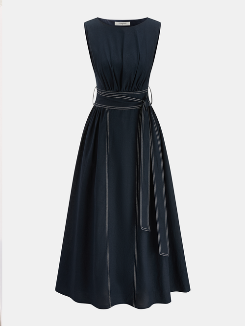 Cotton Linen Sleeveless Belted Midi Dress