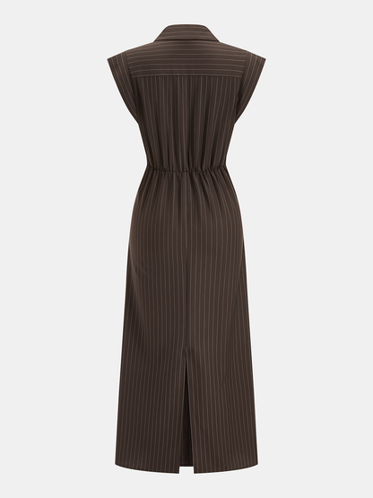 Pinstripe Sleeveless Tie-Waist Shirt Dress
