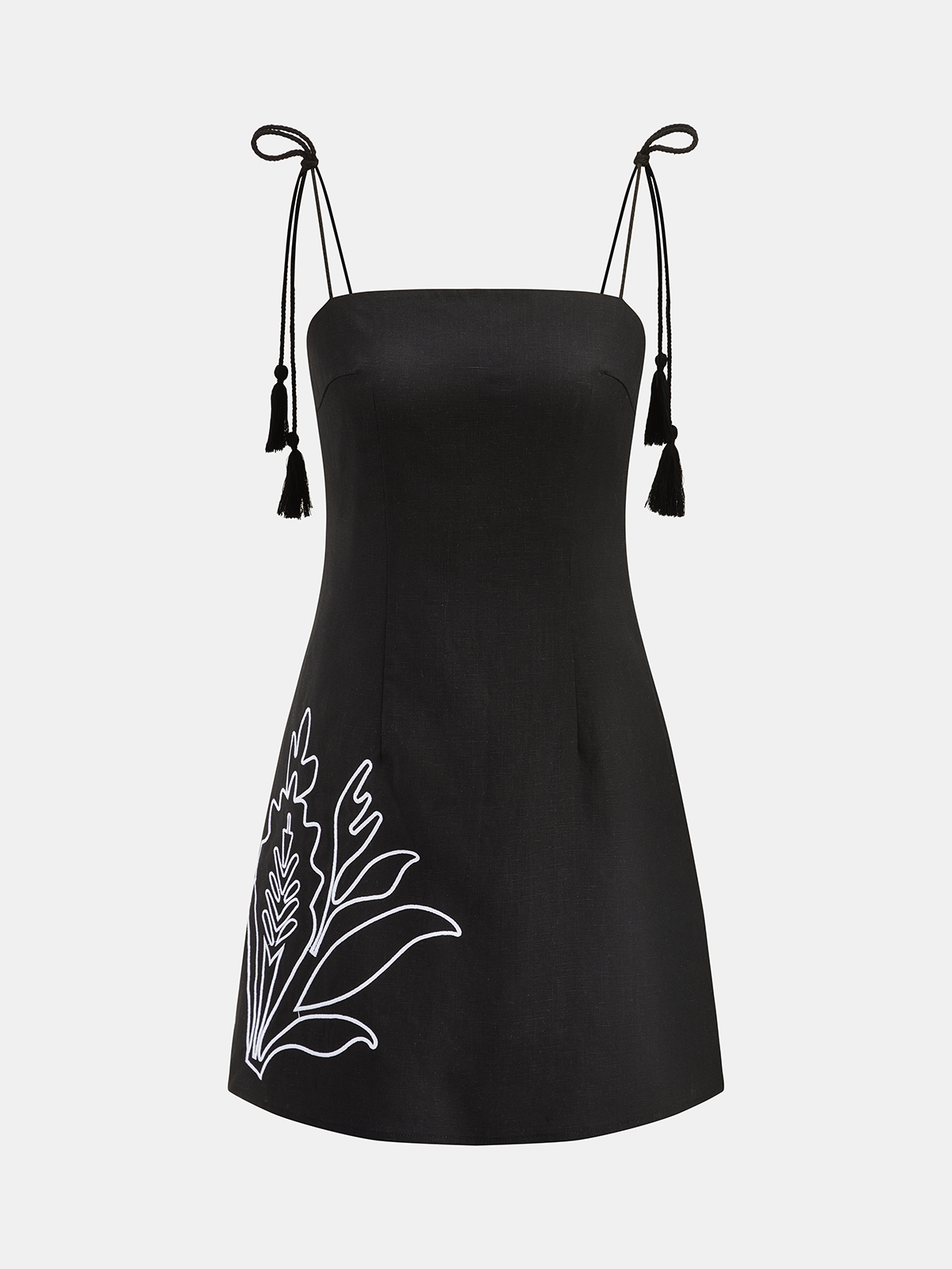 Tassel Tie Embroidered Linen Blend Mini Dress