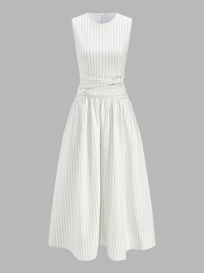 Cotton Blend Striped Ruched Sleeveless Maxi Dress