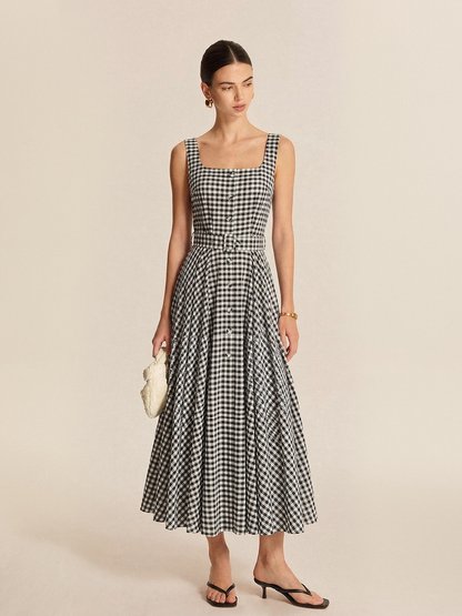 Gingham Cotton Belted Sleeveless Maxi Dress