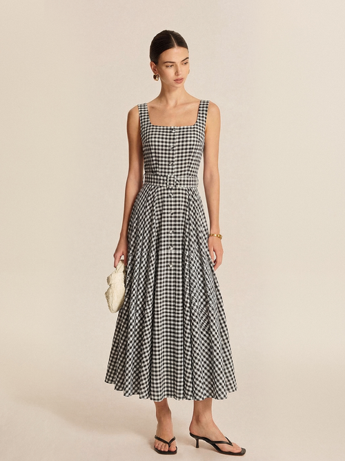 Gingham Cotton Belted Sleeveless Maxi Dress