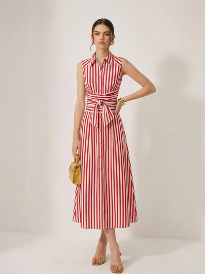 Sleeveless Striped Tie Waist Maxi Dress