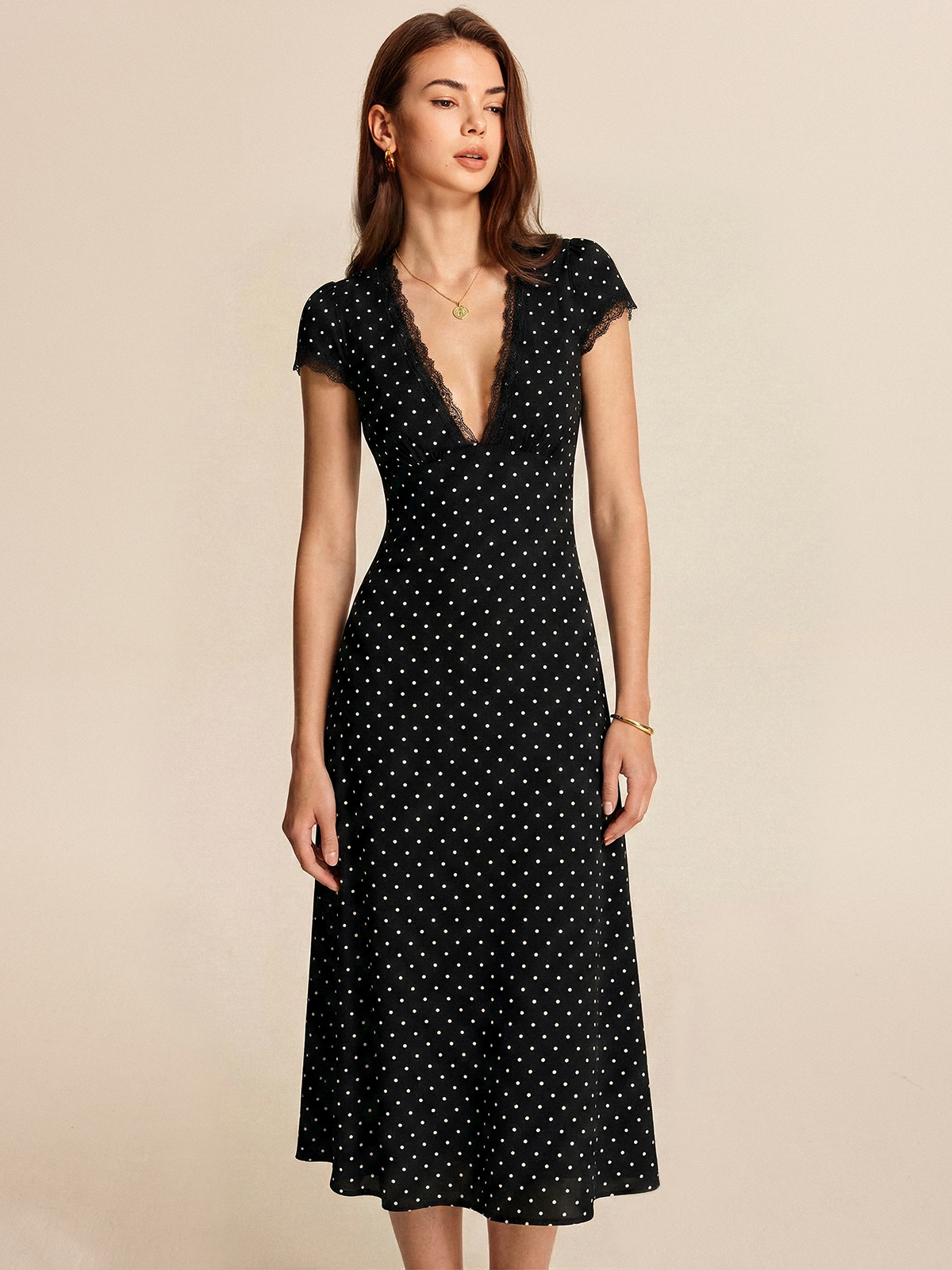 Polka Dot Lace Trim Midi Dress