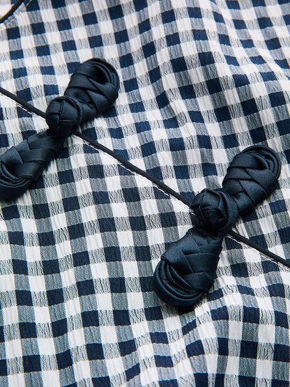 Gingham Frog Button Short Sleeve Midi Dress