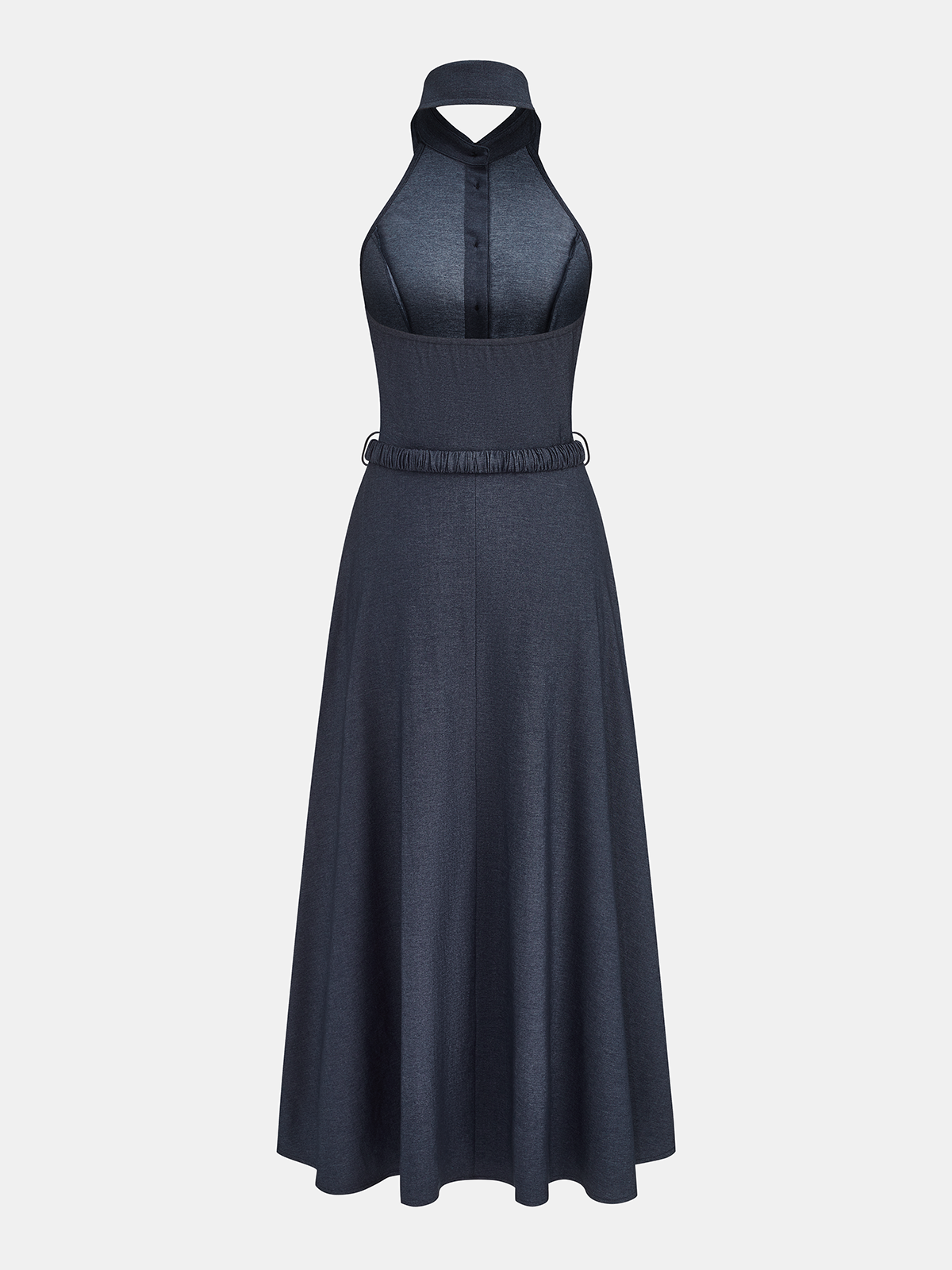 Halter Belted Collared Denim Maxi Dress