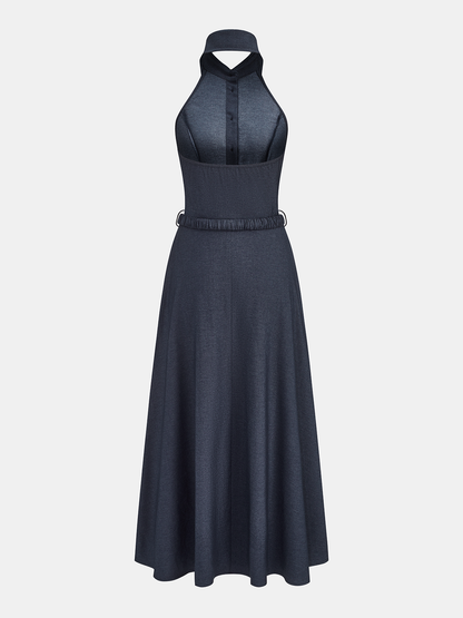 Halter Belted Collared Denim Maxi Dress