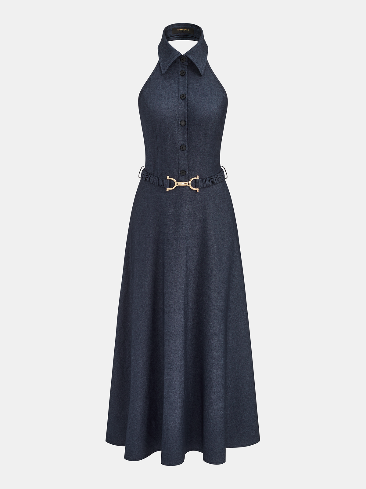 Halter Belted Collared Denim Maxi Dress