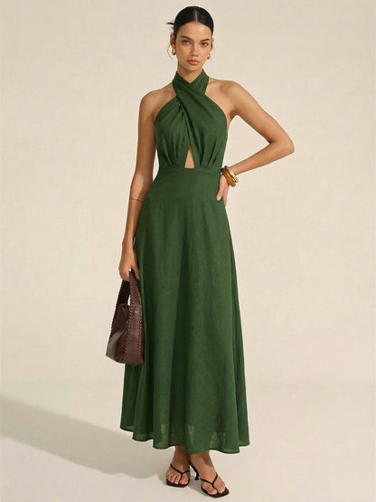 Cotton Linen Halter Neck Cut-Out Maxi Dress