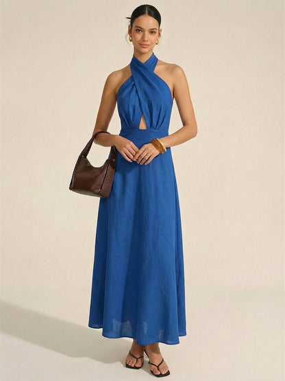 Cotton Linen Halter Neck Cut-Out Maxi Dress
