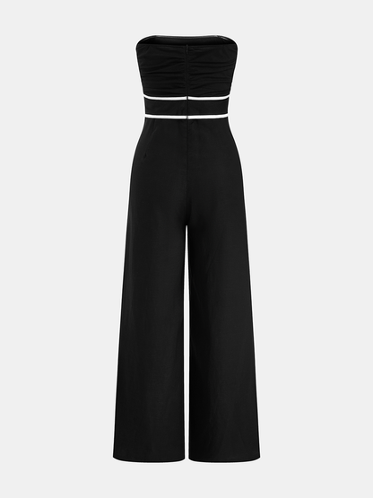 Linen-Blend Strapless Tie-Waist Wide Leg Jumpsuit