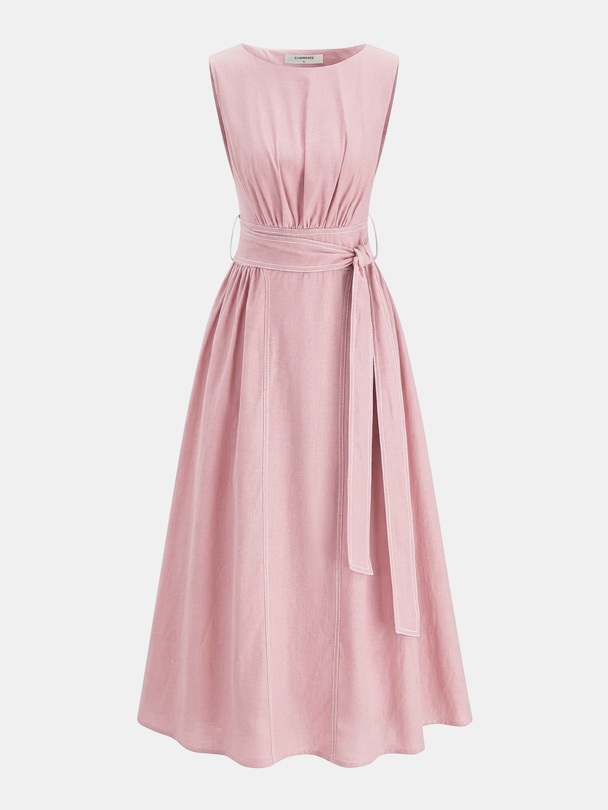 Cotton Linen Sleeveless Belted Midi Dress