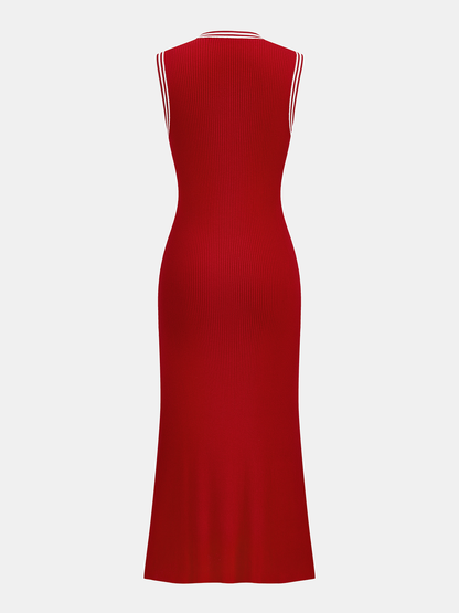 Contrast Trim Ribbed Knit Sleeveless Maxi Dress