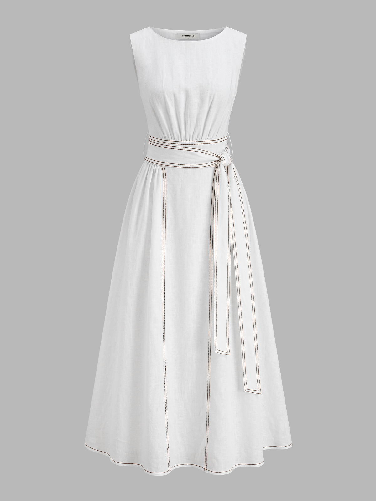 Cotton Linen Sleeveless Belted Midi Dress